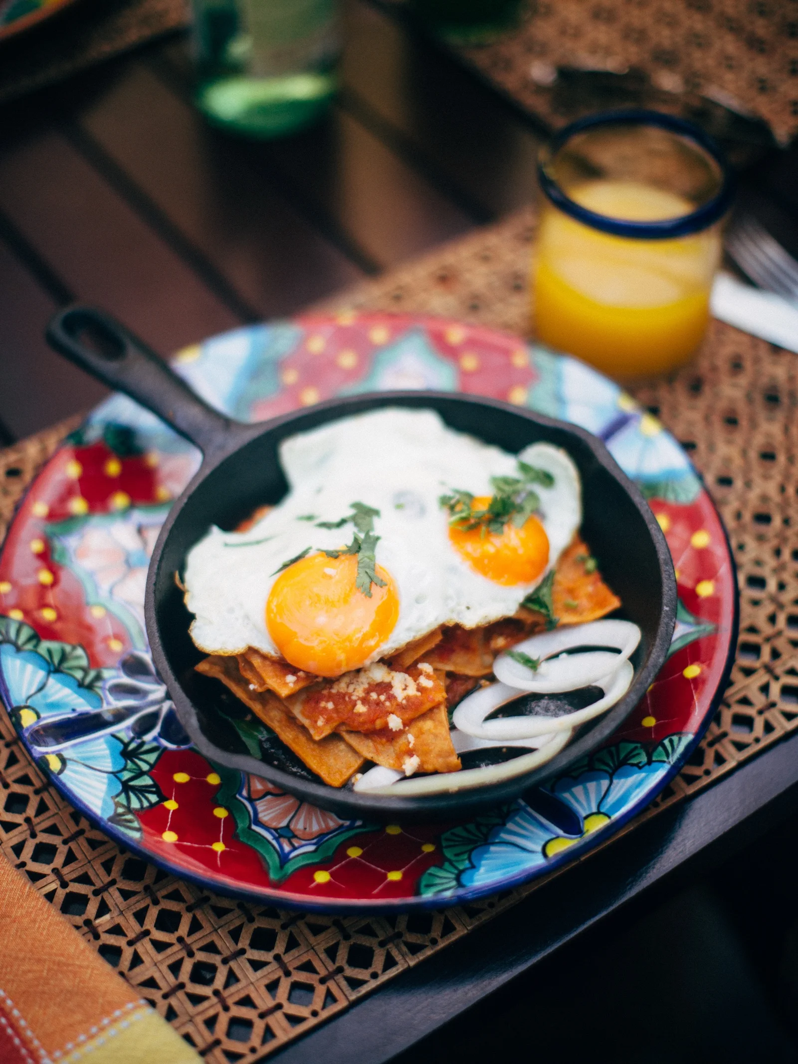 Breakfast served on a colorful table