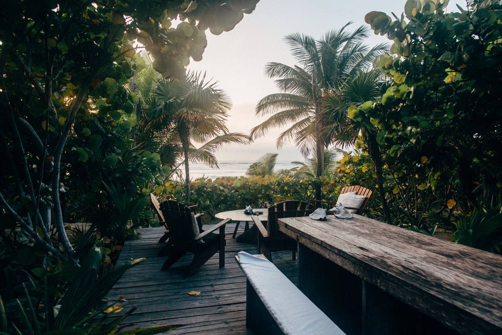An open deck framed by jungle and ocean