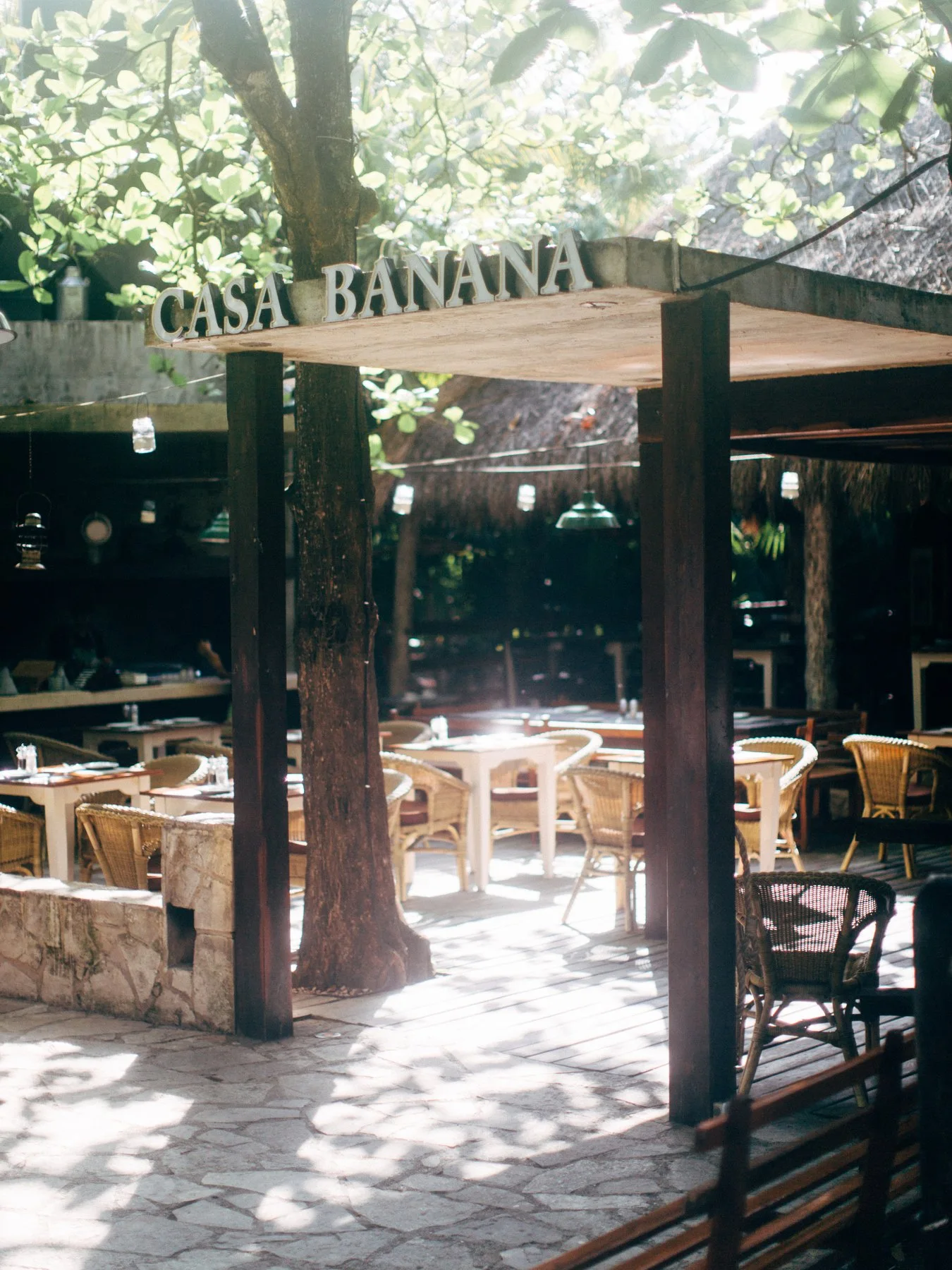 An outdoor dining space framed by trees and shadow